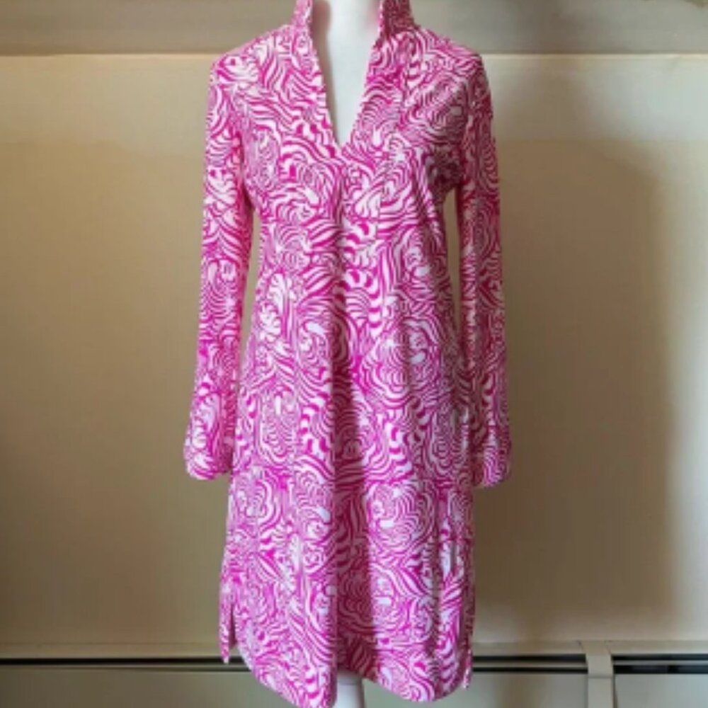 Jude Connally Pink/White Hidden Tiger Long Sleeve Collared Dress size Small